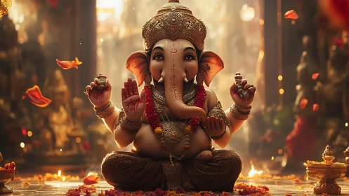 Ganesh idol sits centered in ornate temple with flower petals