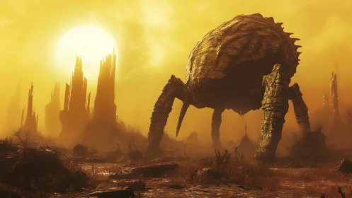 Gigantic alien crab stalks a ruined, sun-scorched wasteland.
