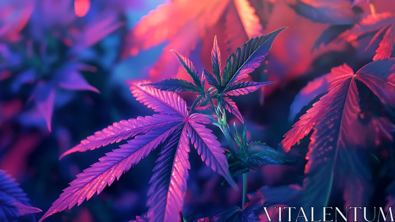 Neon cannabis foliage under vivid bicolor studio lighting.