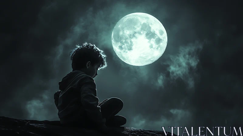 Quiet moonlit pause with a thoughtful child under night sky.