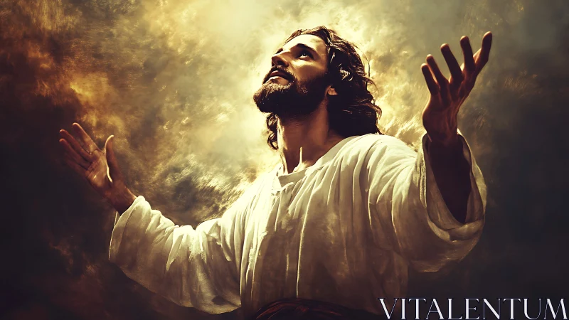 Figure in white robe extends arms beneath intense backlighting