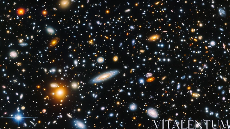 Deep space field crowded with distant colorful galaxies.