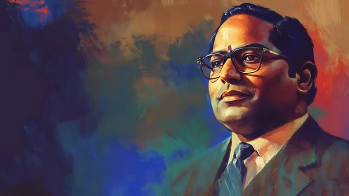 Radiant suited thinker in swirling aurora of bold colors.