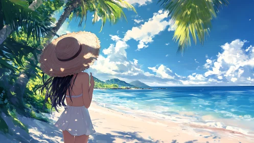 Girl in sunhat gazes over tranquil tropical shoreline.