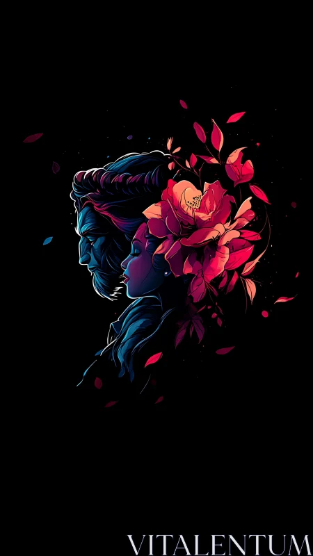 Dual human profiles with abstract floral red elements.