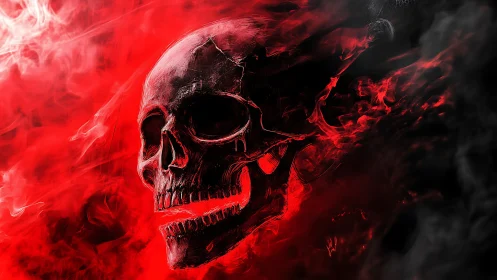 Red fiery skull emerging from swirling dark smoke.