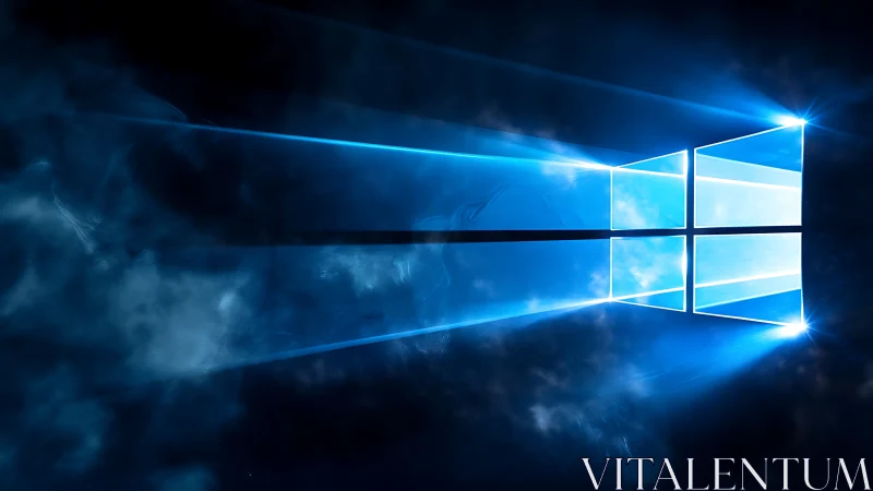 Windows-style luminous blue window logo on dark background.