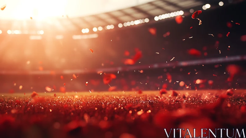 Glowing stadium turf welcomes drifting petals in warm light