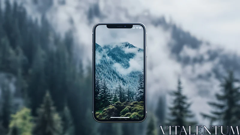 Phone glass melts into misty mountains and evergreen hush