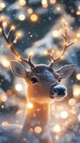 Snow-dusted reindeer portrait with illuminated antlers, bokeh glow