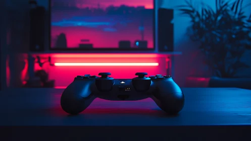 Game controller closeup in neon-lit gaming setup.