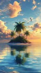 Tropical Island at Sunset with Palm Trees and Flying Birds