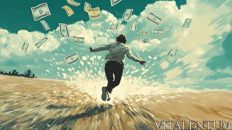 Figure sprinting through money storm on sunlit open field.