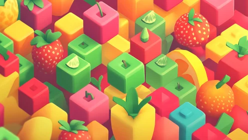 Geometric fruit cubes in vibrant isometric candy palette.