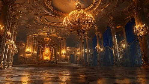 Golden palace ballroom glows beneath opulent chandeliers.