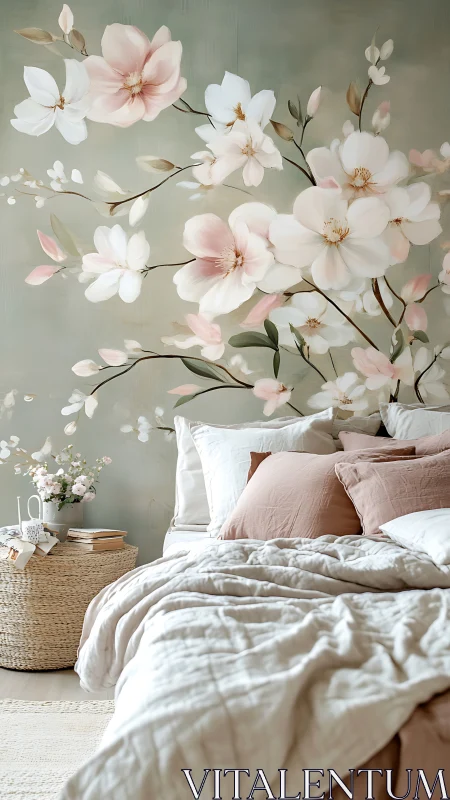 Soft tonal bedroom with oversized botanical mural wall art.