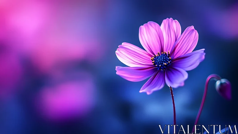 Luminous Purple Cosmos Flower in Dreamy Blue Light.