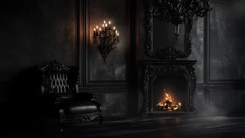 Velvet shadows guard a lone throne by a brooding fire