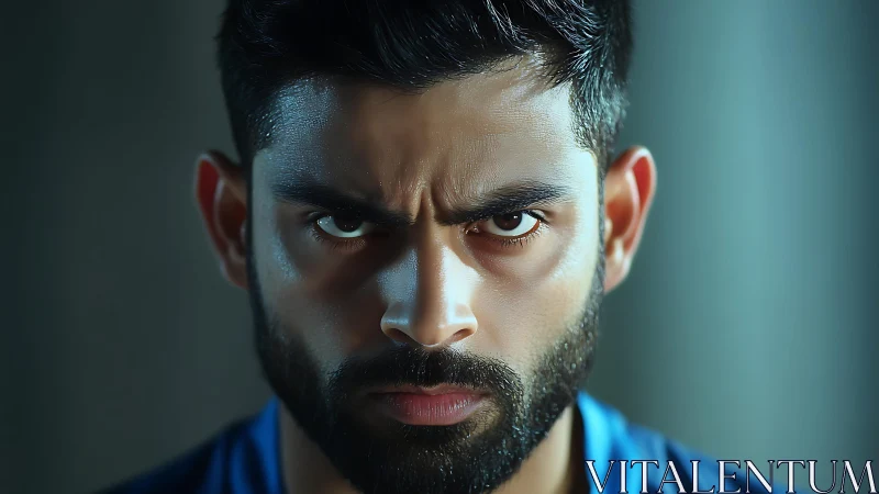 Intense male portrait under dramatic directional lighting.