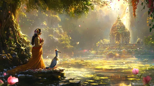 Figure observes riverside temple structure in diffused light