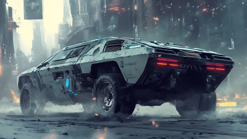 Angular armored hover-truck accelerates through wet cyberpunk megacity