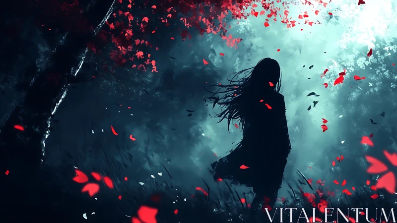 Crimson leaves swirl around a lone girl in a misty forest