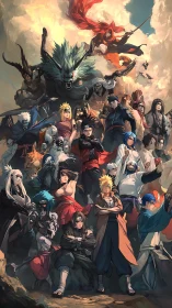 Legendary ninja heroes poised beneath stormlit skies.