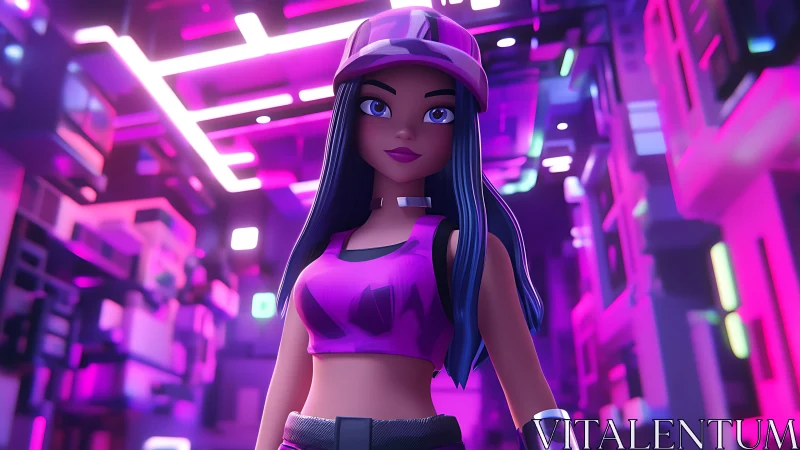 3D neon street avatar under magenta cyberpunk lighting grid.