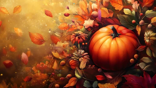 Pumpkin sits among autumn leaves and flowers in warm light
