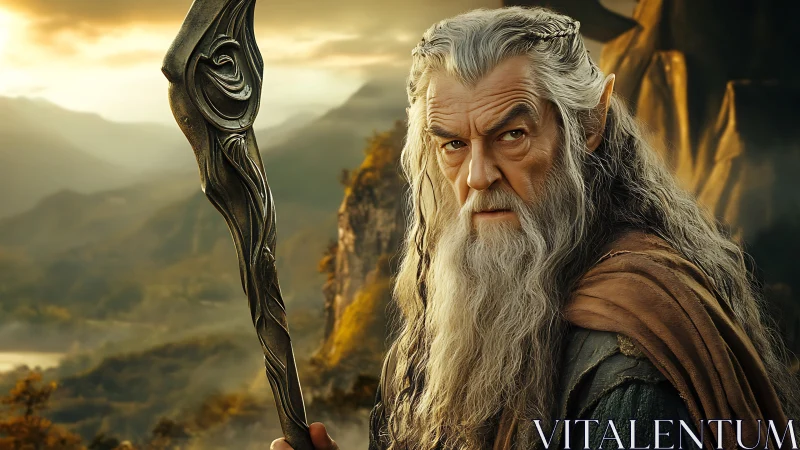 Fantasy wizard portrait with ornate staff in epic landscape.