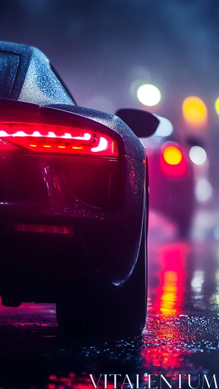 Photorealistic rear supercar profile in neon rain street scene.
