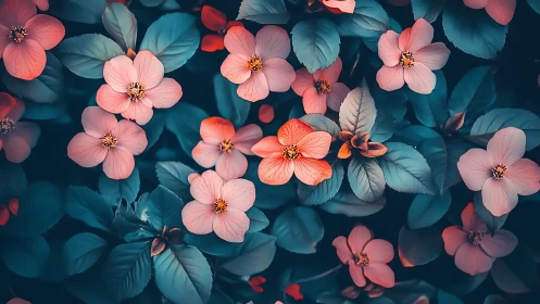 Coral Blossoms in Teal Garden Light