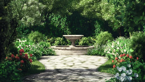 Sunlit garden path leading to a tranquil stone fountain.