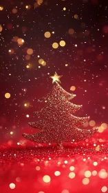 Glittering red Christmas tree silhouette under golden bokeh.