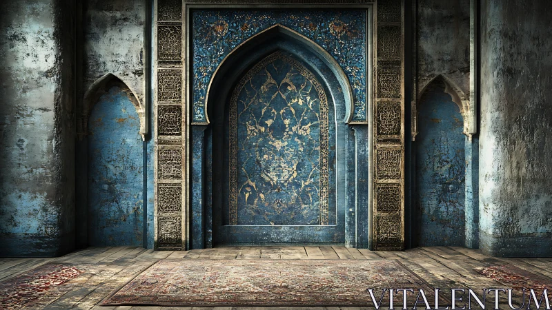 Aged blue arched doorway in ornate Islamic interior.