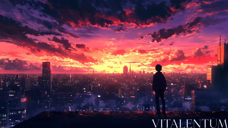Silhouette watches illuminated city skyline under vivid sunset