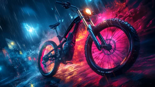 Electric trail bike under neon rain in cyberpunk alley.