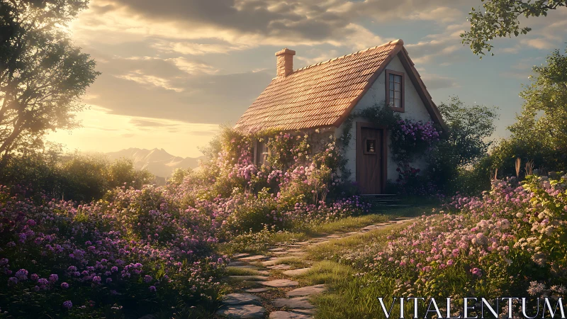 Sunlit cottage stands amid dense blooming garden at dusk