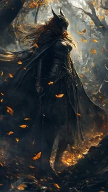 Armored forest warrior in swirling autumn firestorm.