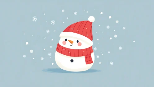 Cute snowman illustration with red hat and scarf in snow