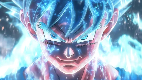 Intense anime energy portrait with luminous blue aura focus.