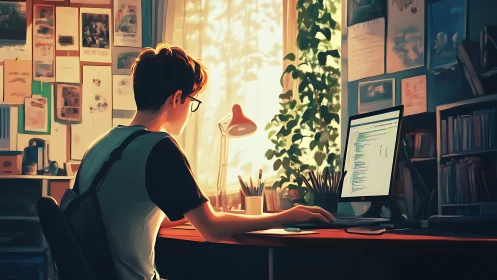 Person works at desktop computer in warm backlit studio