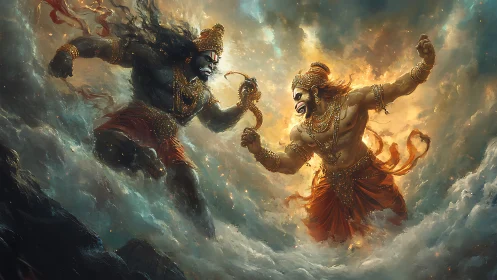 Mythic warrior duel ignites stormy celestial battlefield