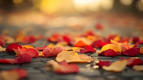 Shallow-focus rose petals on cobblestone ground at sunset