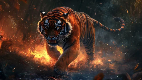 Blazing jungle tiger strides forward through embers and night