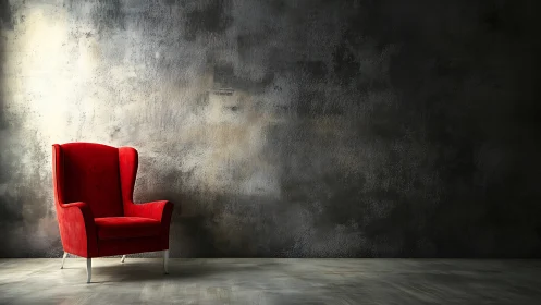 Cozy red armchair glowing softly in a moody modern room.