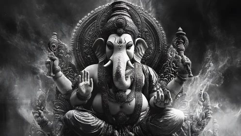 Monochrome Ganesha sculpture with ornate halo and symbols.