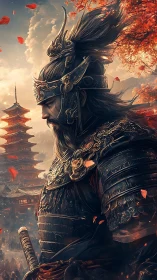 Silent samurai in autumn light beside distant pagodas.