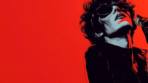 Graphic portrait of a singer in high-contrast red and black