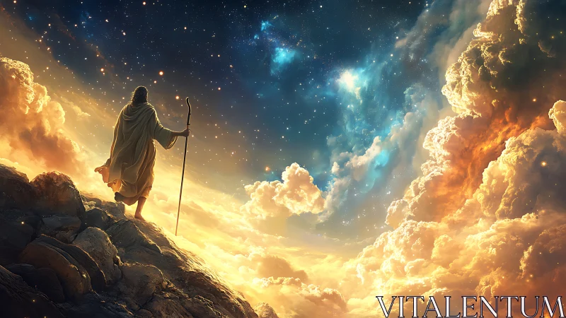 Robed figure with staff stands on rocks beneath clouded sky